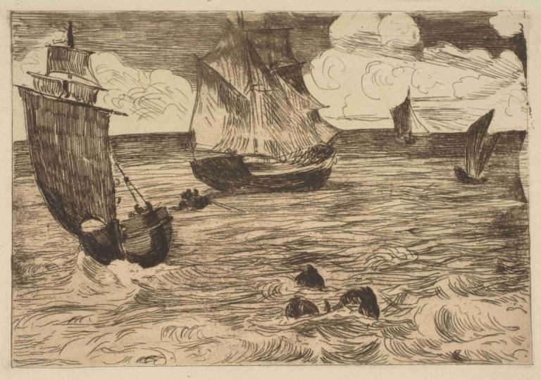 Marine,Edouard Manet,Kupferstich,Kupferstich, Wasserfahrzeug, einfarbig, Boot, Ozean, Wasser, Wolke, Schiff