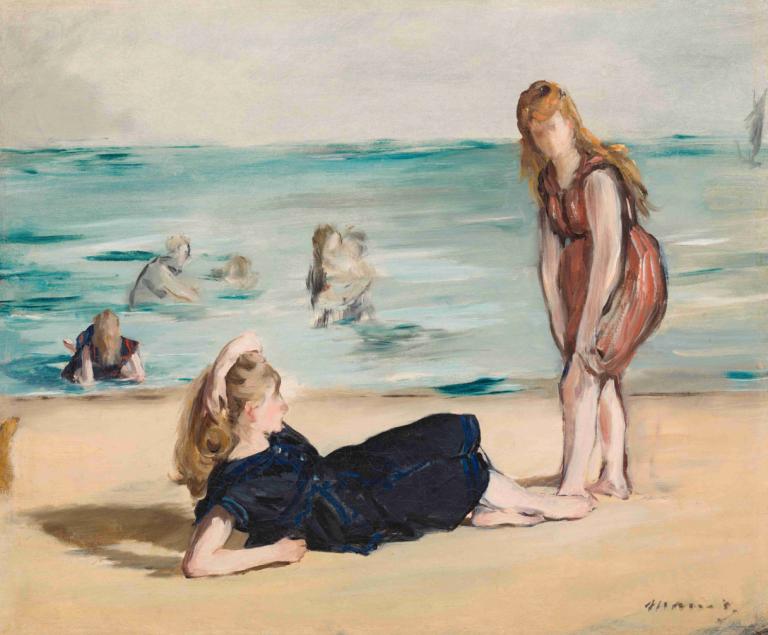 On the Beach,Op het strand,Edouard Manet,Olieverf,Olieverf, meerdere meisjes, parodie op beeldende kunst