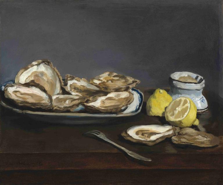 Oysters,Oesters,Edouard Manet,Olieverf,Olieverf, geen mensen, voedsel, voedsel focus, citroen, bord