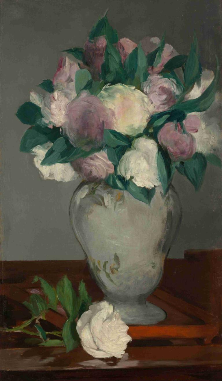 Peonies,Pioenen,Edouard Manet,Olieverf,Olieverf, bloem, geen mensen, roze bloem, stilleven, vaas, witte bloem