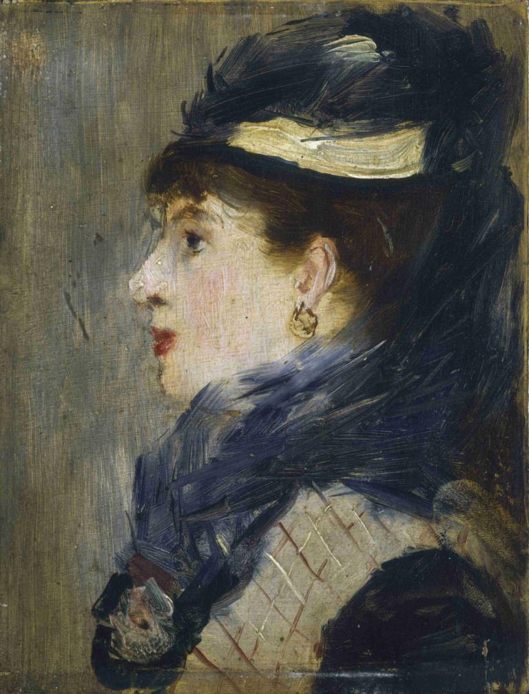 Portrait of a Lady,Portret van een dame,Edouard Manet,Olieverf,Olieverf, 1meisje, solo, juwelen, oorbellen