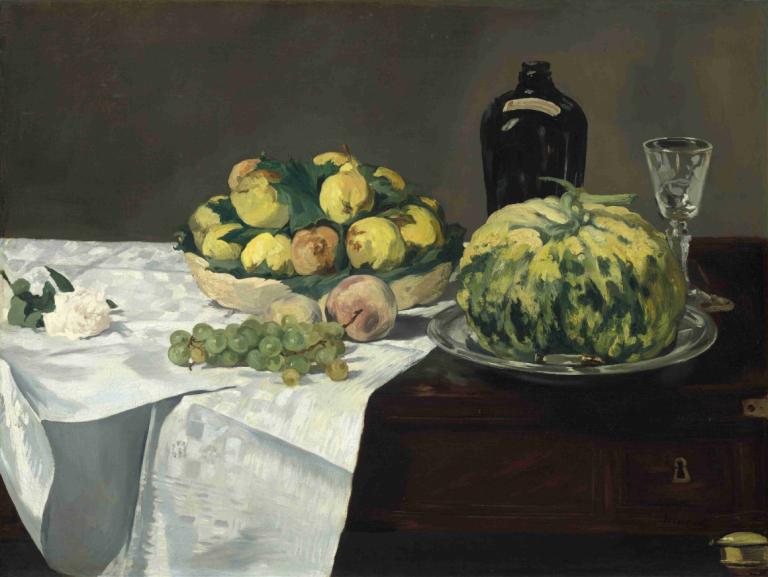 Still Life with Melon and Peaches,Νεκρή φύση με πεπόνι και ροδάκινα,Edouard Manet,Ελαιογραφία,Ελαιογραφία