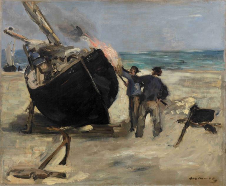 Tarring the Boat (Le Bateau goudronné),De boot teren,Edouard Manet,Olieverf,Olieverf, buitenshuis