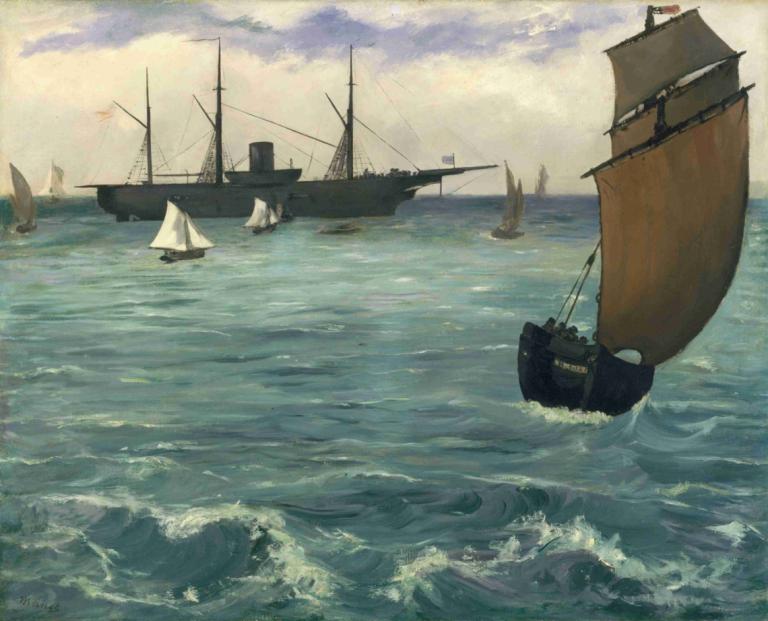 The 'Kearsarge' at Boulogne,De 'Kearsarge' bij Boulogne,Edouard Manet,Olieverf,Olieverf, waterscooters