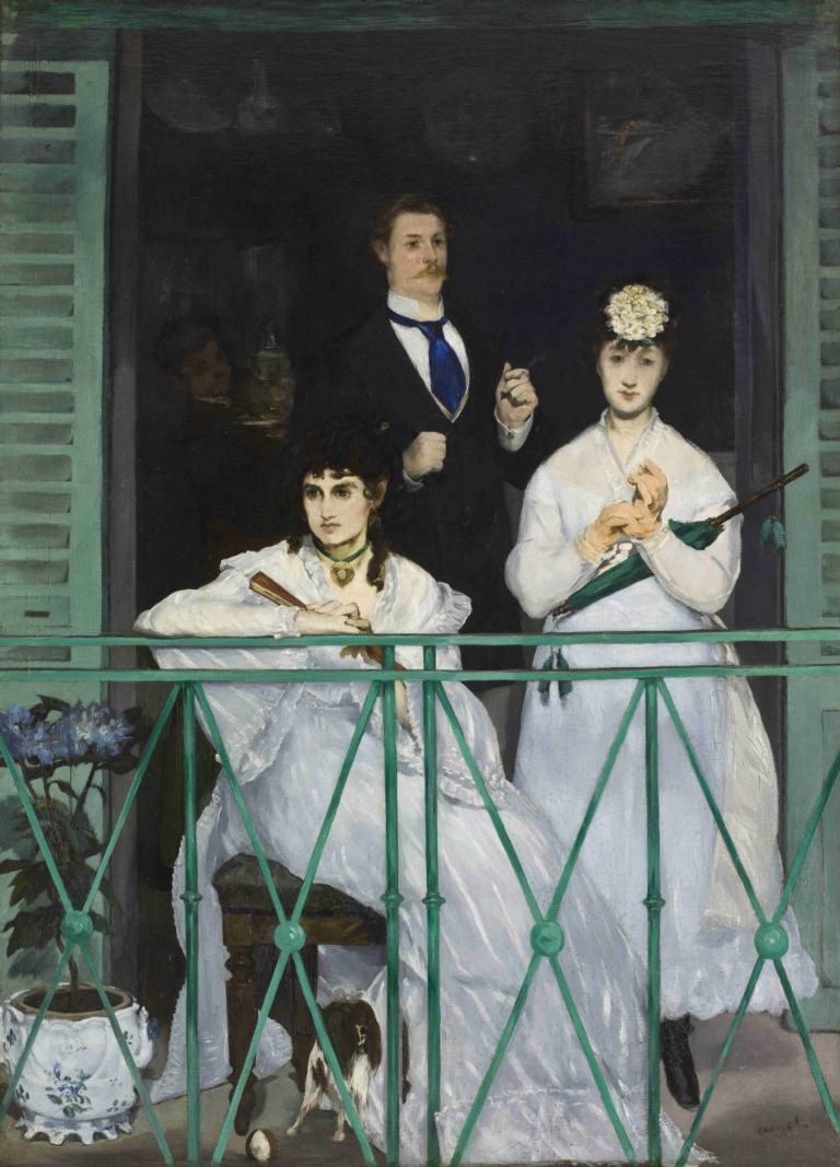 The Balcony,Balkonen,Edouard Manet,Oliemaleri,Oliemaleri, blomst, rækværk, kjole, slips, bedrift, siddende