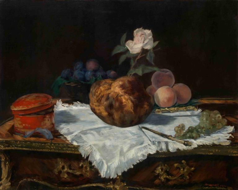 The Brioche,De brioche,Edouard Manet,Olieverf,Olieverf, geen mensen, voedsel, fruit, stilleven, bloem