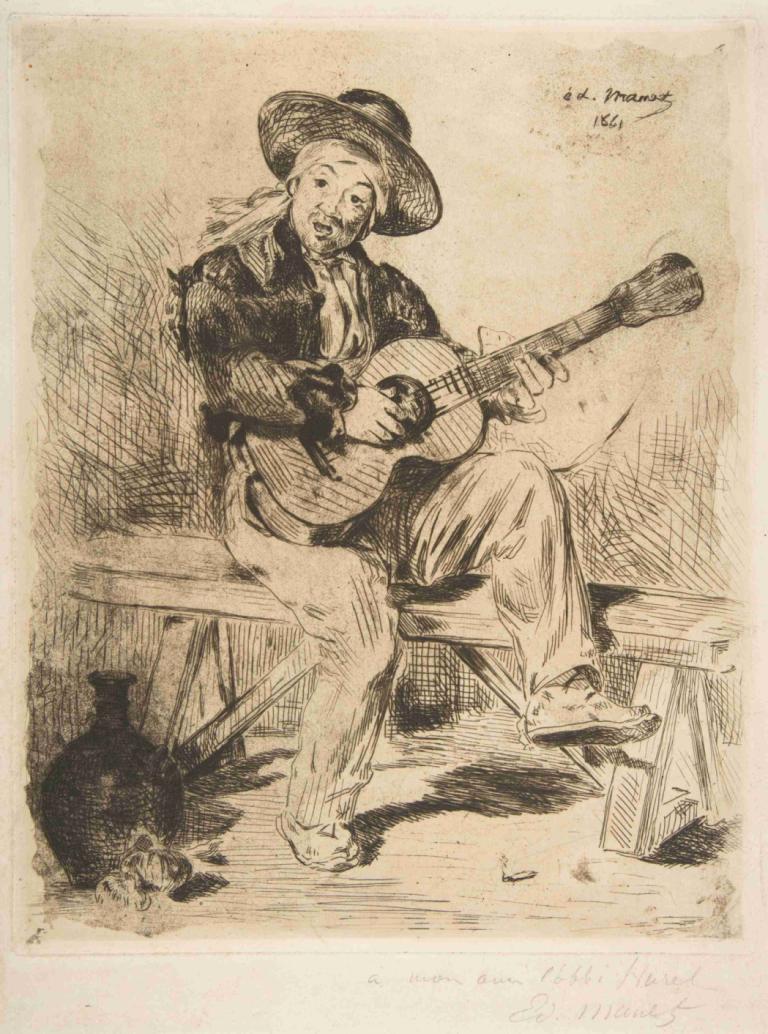 The Spanish Singer (Le Guitarrero),Edouard Manet,Copperplate Etching,Copperplate Etching, instrument