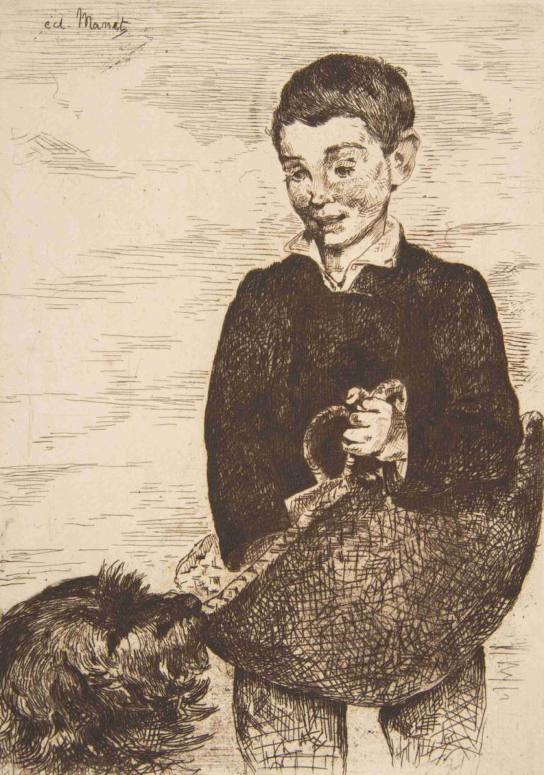 The Urchin,Edouard Manet,Copperplate Etching,Copperplate Etching, 1boy, monochrome, male focus, facial hair