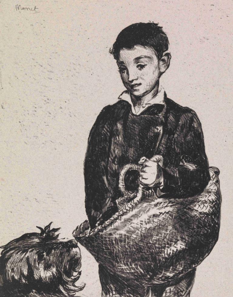 The Urchin,Edouard Manet,Copperplate Etching,Copperplate Etching, monochrome, 1boy, greyscale, male focus