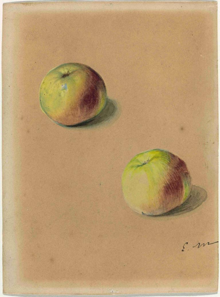 Two apples,Twee appels,Edouard Manet,Pastelkleur,Pastelkleur, geen mensen, fruit, voedsel, grens, appel