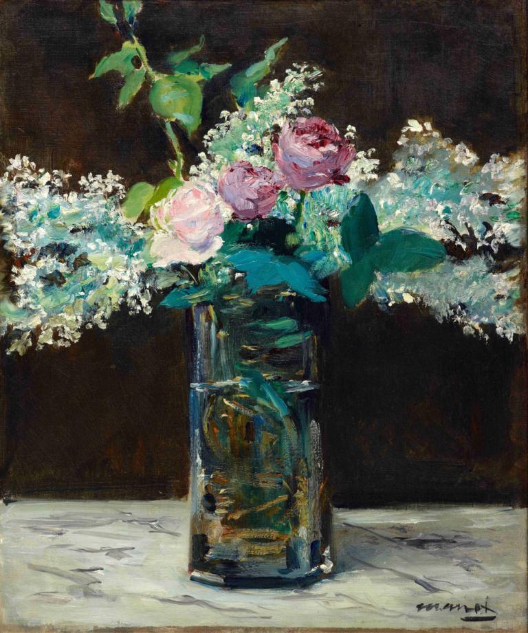 Vase of White Lilacs and Roses,Vaas met witte seringen en rozen,Edouard Manet,Olieverf,Olieverf, geen mensen