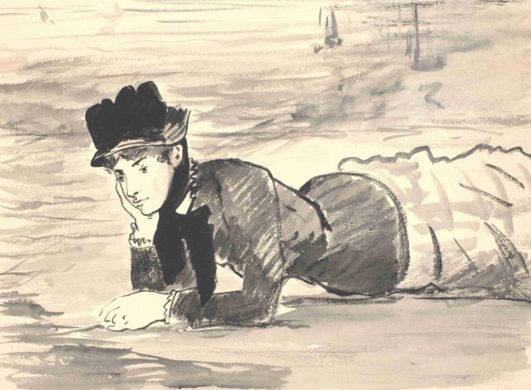 Woman Lying on the Beach. Annabel Lee,Edouard Manet,Copperplate Etching,Copperplate Etching, solo, hat