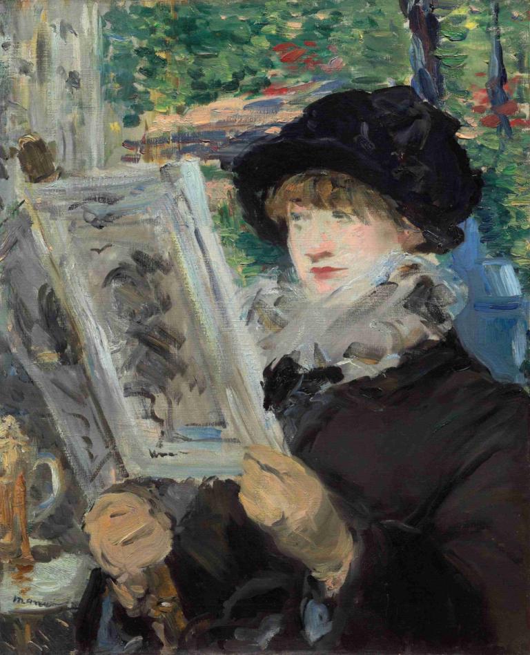 Woman Reading,Kvinde læser,Edouard Manet,Oliemaleri,Oliemaleri, hat, solo, kort hår, bedrift, blond hår