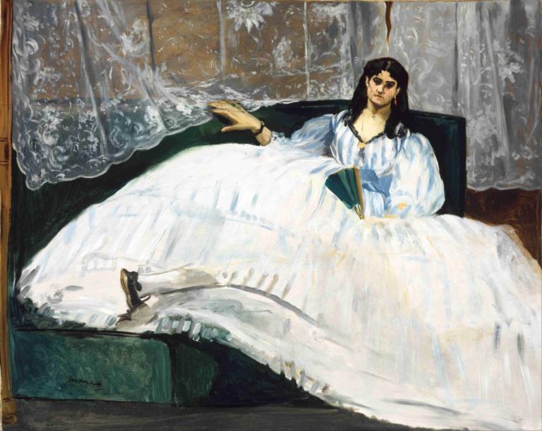 Woman With A Fan,Kvinde Med En Fan,Edouard Manet,Oliemaleri,Oliemaleri, 1 pige, solo, Bestil, seng, sort hår