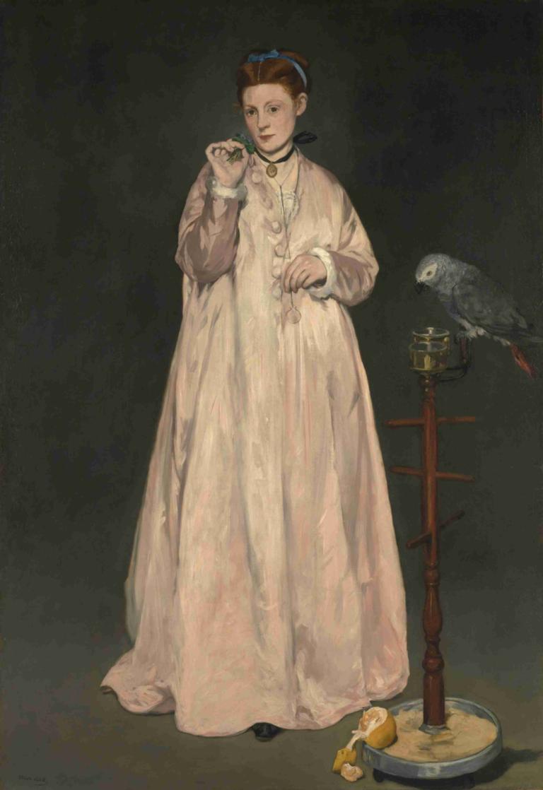 Young Lady in 1866,Ung Dame i 1866,Edouard Manet,Oliemaleri,Oliemaleri, 1 pige, fugl, solo, brunt hår, kjole