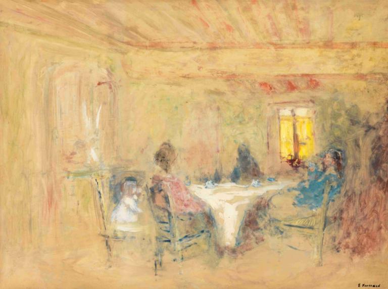 À Table,À Table,Edouard Vuillard,Tempéra,Tempéra, plusieurs filles, tableau, chaise, 2 filles, séance