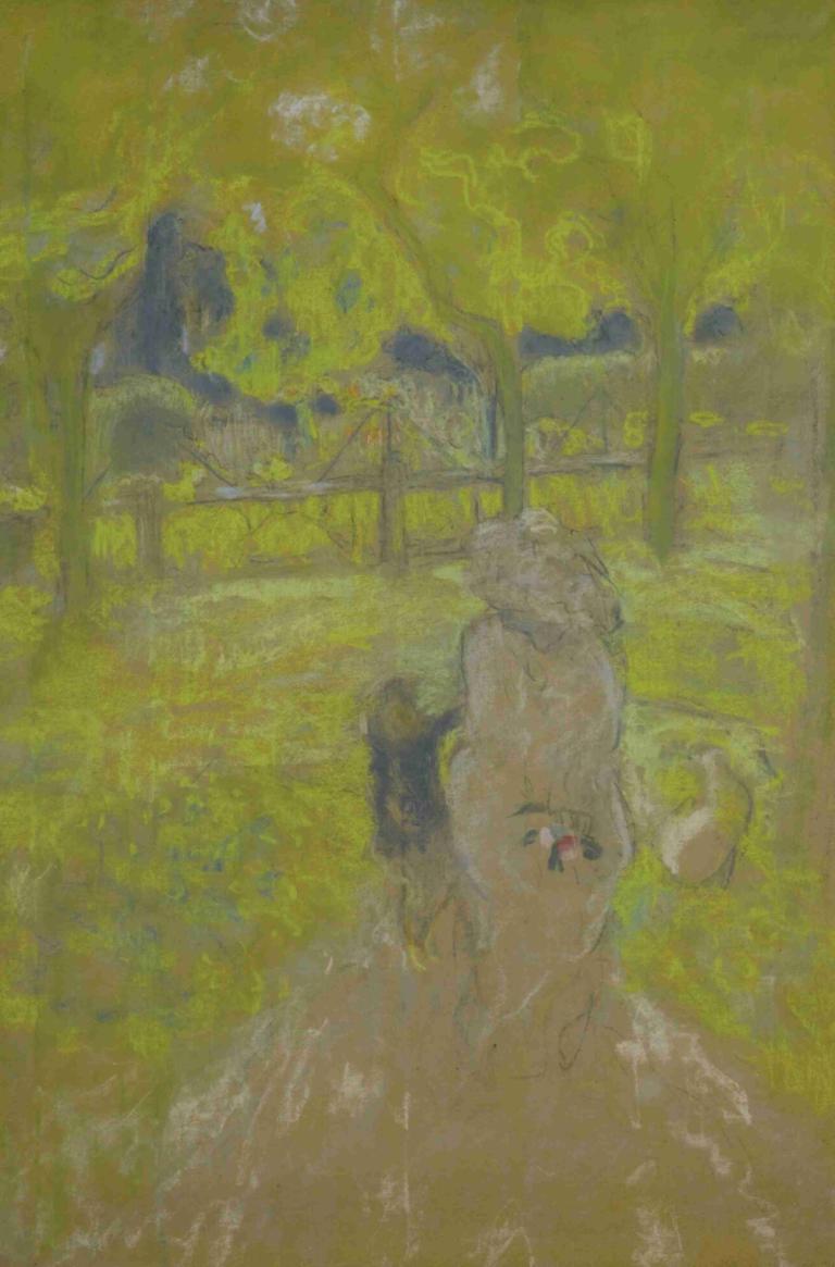 Étude Pour Matin Ensoleillé,Edouard Vuillard,Tempéra,Tempéra, arbre, en plein air, chien, nature, clôture