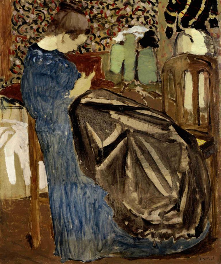 A Seamstress,お針子,Edouard Vuillard,エドゥアール・ヴュイヤール,油絵,油絵, ドレス, 1女の子, 青い服, ソロ, ショートヘア, 茶髪, 立っている, 屋内で, ロングドレス