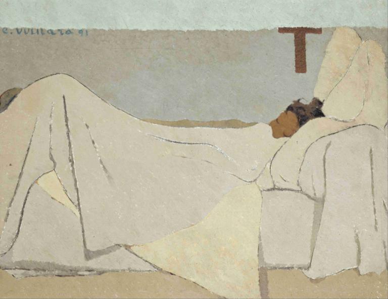 Au lit In Bed 1891,Edouard Vuillard,Tempera,Tempera, 1girl, lying, black hair, on back, closed eyes, dress