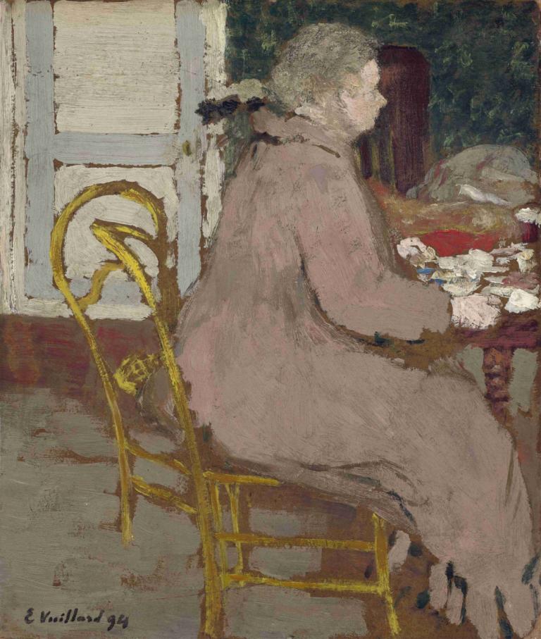 Breakfast,Edouard Vuillard,Oil Painting,Oil Painting, solo, 1girl, sitting, chair, table, dress, grey hair