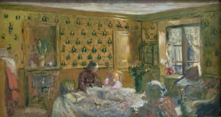 By the Worktable,ワークテーブルのそばで,Edouard Vuillard,エドゥアール・ヴュイヤール,油絵,油絵, 窓, 屋内で, テーブル, ベッド, 複数の男の子, 花瓶, カーテン, 男の子1人