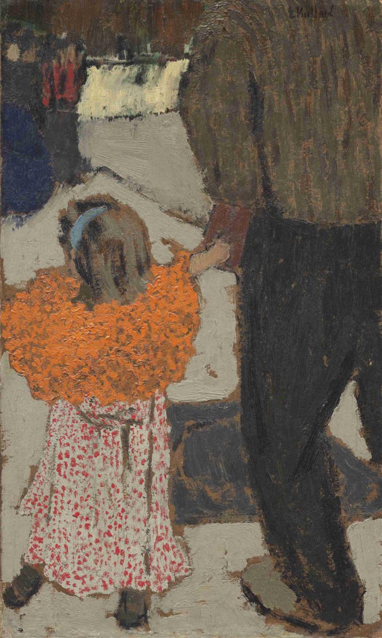 Child Wearing a Red Scarf,Edouard Vuillard,Oil Painting,Oil Painting, dress, bouquet, flower, 1girl, 1boy