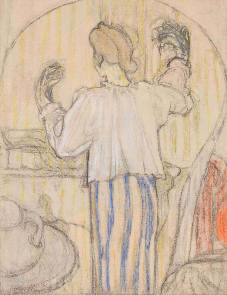 Devant le miroir (recto),Edouard Vuillard,Tempera,Tempera, solo, from behind, traditional media, 1girl