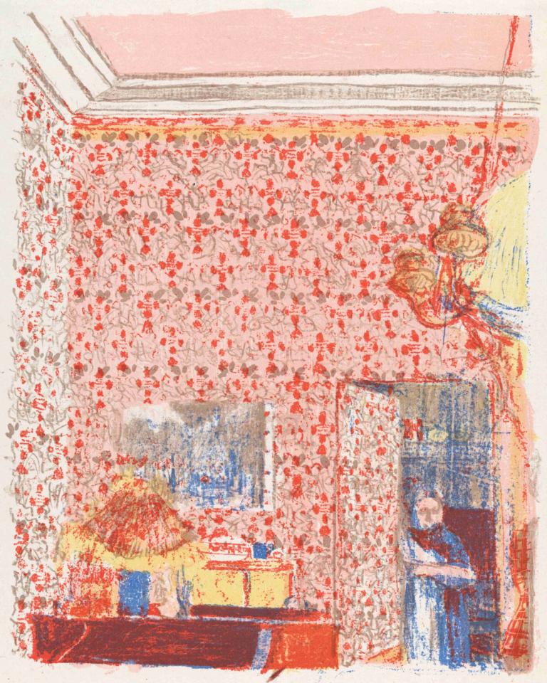 Interieur aux tentures roses I,Interiör med rosa draperier I,Edouard Vuillard,Tempera,Tempera, 1 tjej, solo