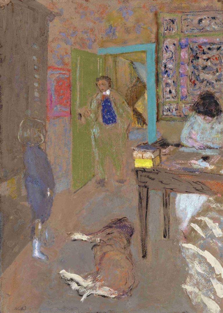 Interior at Saint-Jacut,サン・ジャキュットのインテリア,Edouard Vuillard,エドゥアール・ヴュイヤール,油絵,油絵, 立っている, 複数の女の子, 屋内で, テーブル, ドレス