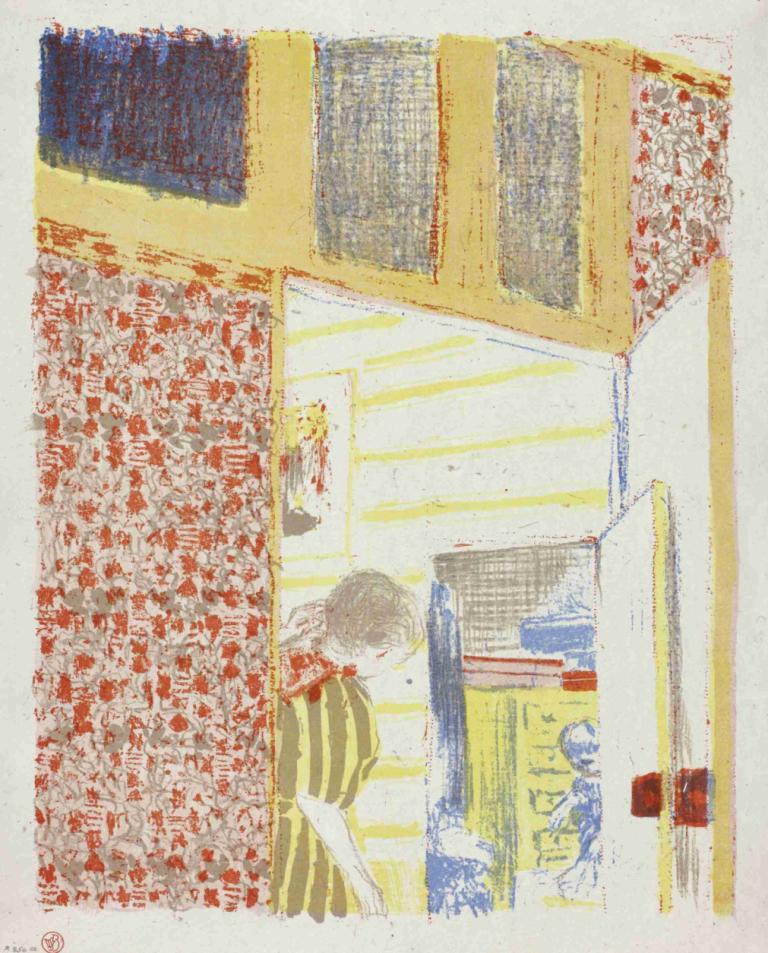 Interior with Pink Wallpaper III,ピンクの壁紙のインテリア III,Edouard Vuillard,エドゥアール・ヴュイヤール,エッグペイント,エッグペイント, ストライプのドレス