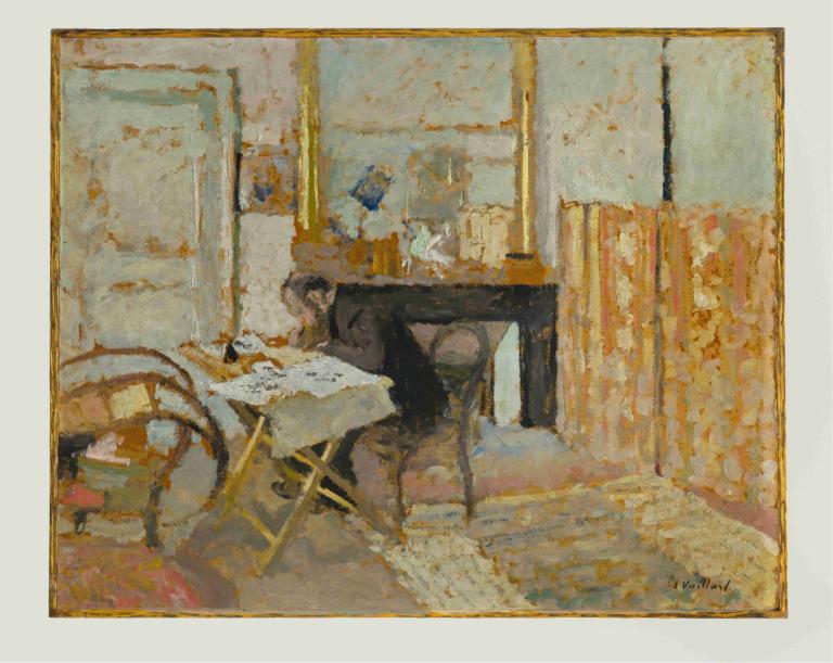 Ker-Xavier Roussel,Edouard Vuillard,Tempera,Tempera, pöytä, sisällä, rajaa, tuoli, yksin, istuu, paperi