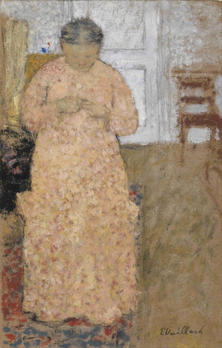 Knitting Woman in Pink Dress,핑크 드레스를 입은 뜨개질하는 여자,Edouard Vuillard,에두아르 뷔야르,템페라,템페라, 독주, 드레스, 서 있는, 흑발, 여자 1명