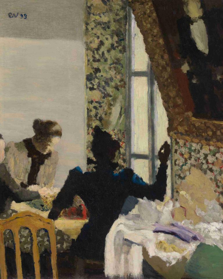 L’aiguillée (The Thread),Benang,Edouard Vuillard,Lukisan cat minyak,Lukisan cat minyak, meja, tirai, jendela