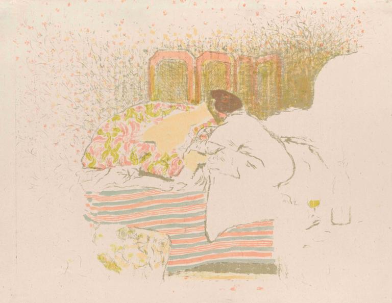 La naissance d'Annette,Edouard Vuillard,Tempera,Tempera, solo, 1girl, pillow, tree, blanket, long sleeves