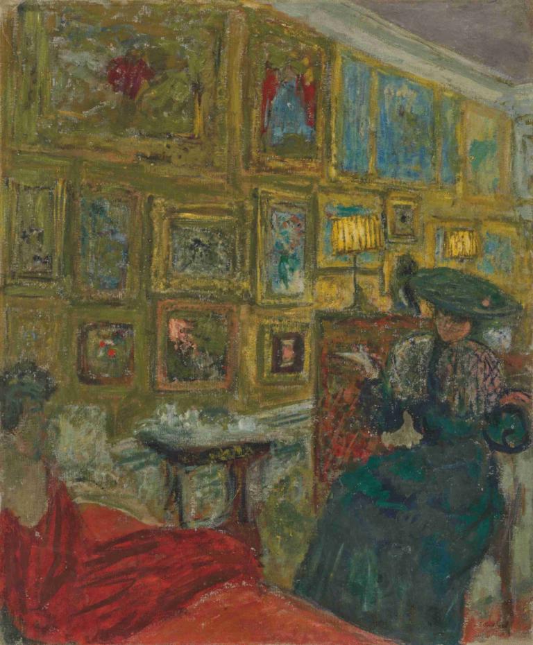 La visiteuse,Edouard Vuillard,Oil Painting,Oil Painting, painting (object), 1girl, hat, dress, solo, table