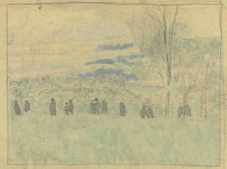 Landschap met wandelaars,Edouard Vuillard,Tempera,Tempera, tree, multiple boys, outdoors, grass, 6+boys