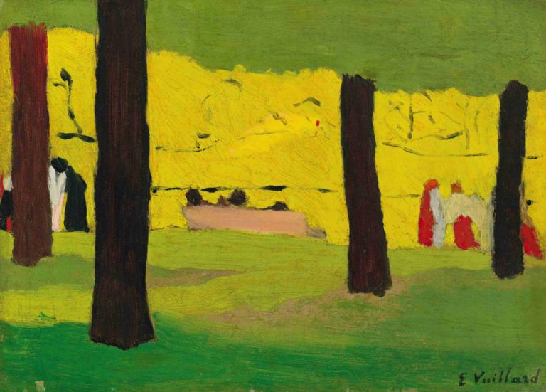 Le Banc Rose,Edouard Vuillard,Tempera,Tempera, tree, outdoors, nature, grass, 1girl, wide shot, scenery, dated