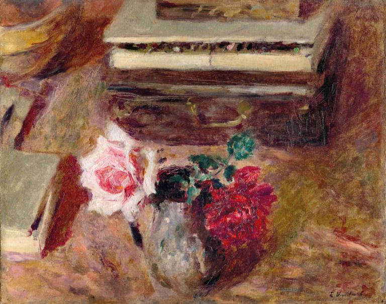 Les Deux roses et la boîte de pastels,Edouard Vuillard,Oil Painting,Oil Painting, flower, 1girl