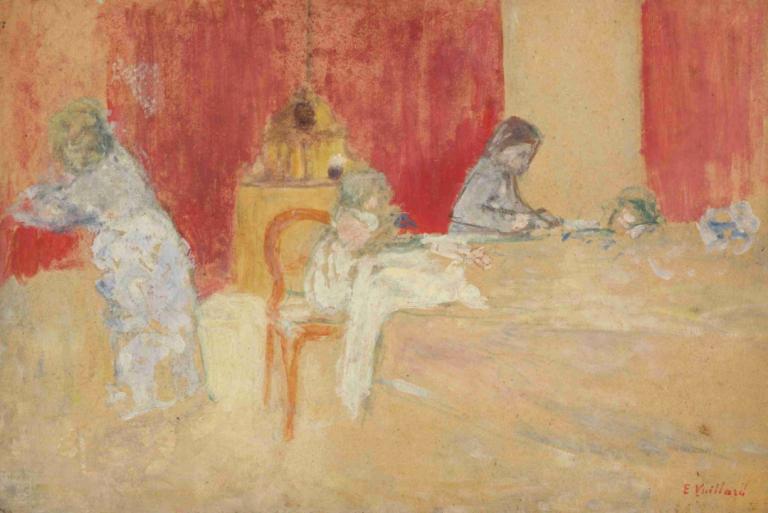 Les Enfants Roussel à table,Edouard Vuillard,Tempera,Tempera, fine art parody, table, multiple girls, sitting