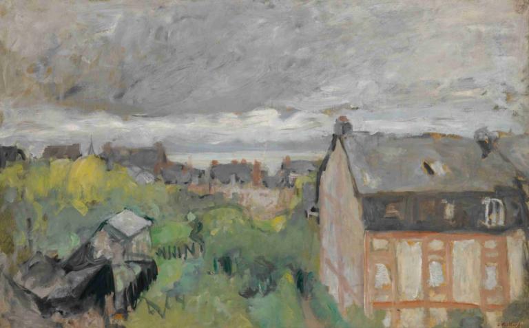 Les Toits Mauves,Edouard Vuillard,Tempera,Tempera, scenery, outdoors, house, cloud, building