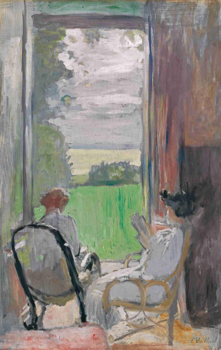 Lucy Hessel Et Jeanne Strauss Aux Étincelles,Edouard Vuillard,Tempera,Tempera, sitting, chair, grass, cloud