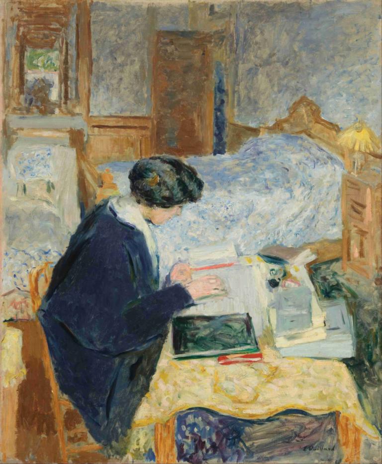 Lucy Hessel Reading,Edouard Vuillard,Tempera,Tempera, black hair, solo, 1boy, male focus, traditional media