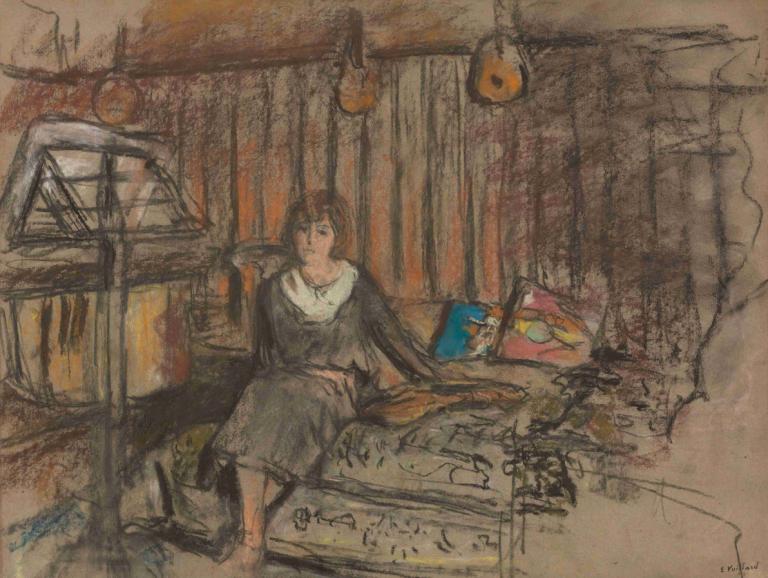 Madame Fried Rêveuse (Étude),Edouard Vuillard,Tempera,Tempera, solo, sitting, 1girl, traditional media