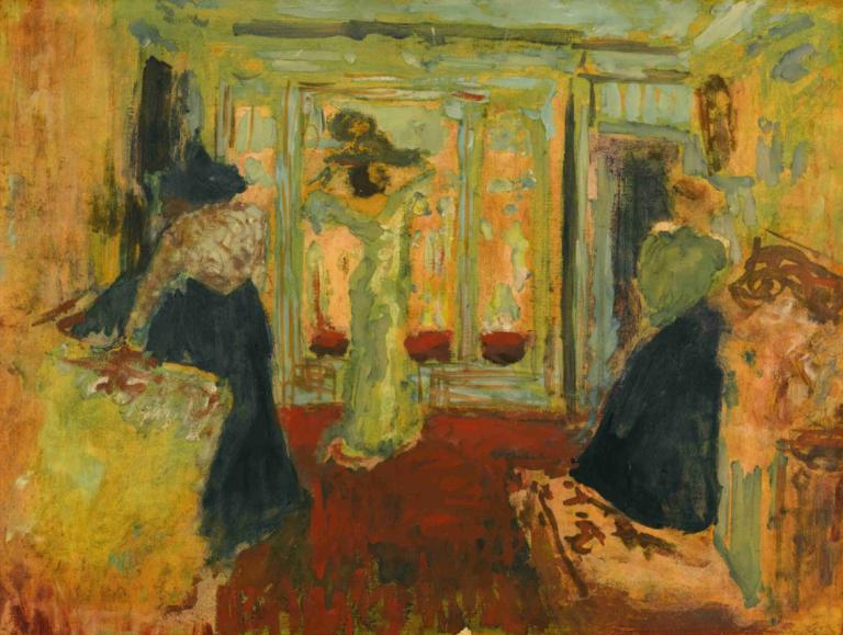 Madame Hessel Chez La Modiste,Edouard Vuillard,Tempera,Tempera, multiple girls, black hair, indoors, dress