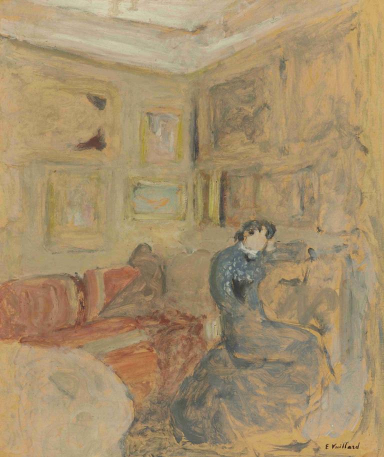 Madame Hessel Dans Son Petit Salon,赫塞尔夫人的小沙龙,Edouard Vuillard,爱德华-维亚,蛋彩画,蛋彩画, 1男孩, 黑发, 男性焦点, 长椅, 独奏, 在室内