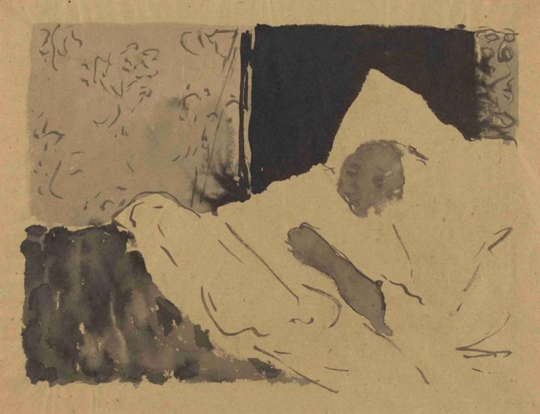 Madame V. Sleeping,V. 夫人在睡觉,Edouard Vuillard,爱德华-维亚,铜版画,铜版画, 单色, 独奏, 抽象的, 传统媒体, 没有人类