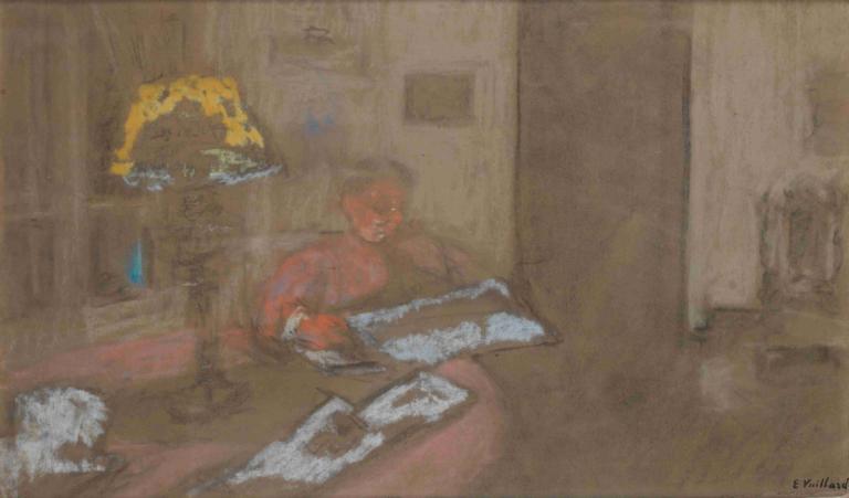 Madame Vuillard Lisant Le Journal,读报的维雅尔夫人,Edouard Vuillard,爱德华-维亚,油画,油画, 1男孩, 男性焦点, 在室内, 独奏, 坐着