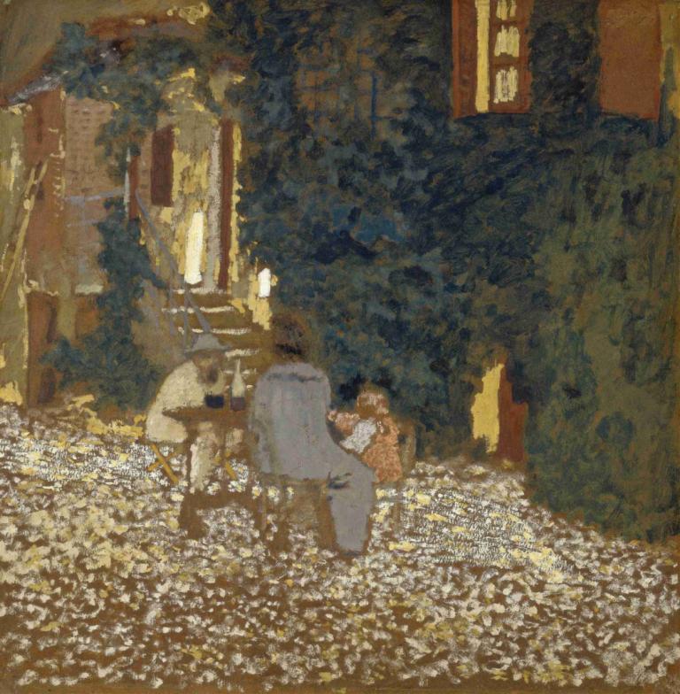 Repast in a Garden,Genindristet i en have,Edouard Vuillard,Oliemaleri,Oliemaleri, 1 pige, solo, udendørs