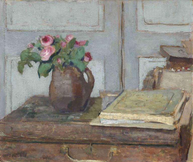 The Artist's Paint Box and Moss Roses,Kunstnerens Malerkasse og Moseroser,Edouard Vuillard,Oliemaleri