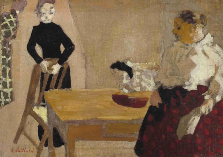 The Conversation,Samtalen,Edouard Vuillard,Oliemaleri,Oliemaleri, kunstparodi, 1 pige, bord, stol, nederdel